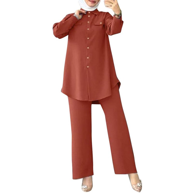 ODIZLI Brick Red Button Down Muslim Shirt - 2 Piece Set mod Muslim Dresses Turkey Kaftan Eid Islamic Prayer Tops Long Sleeve Ethnic Tugs Set - Image 5