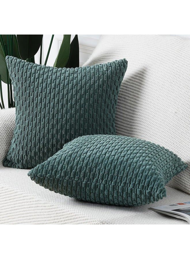 MADIZZ Pack of 2 Boho Striped Corduroy Throw Pillow Covers 18x18 Inch Dark Green Soft Decorative Cushion Cover for Bedroom Sofa Pillow Shell - Image 2