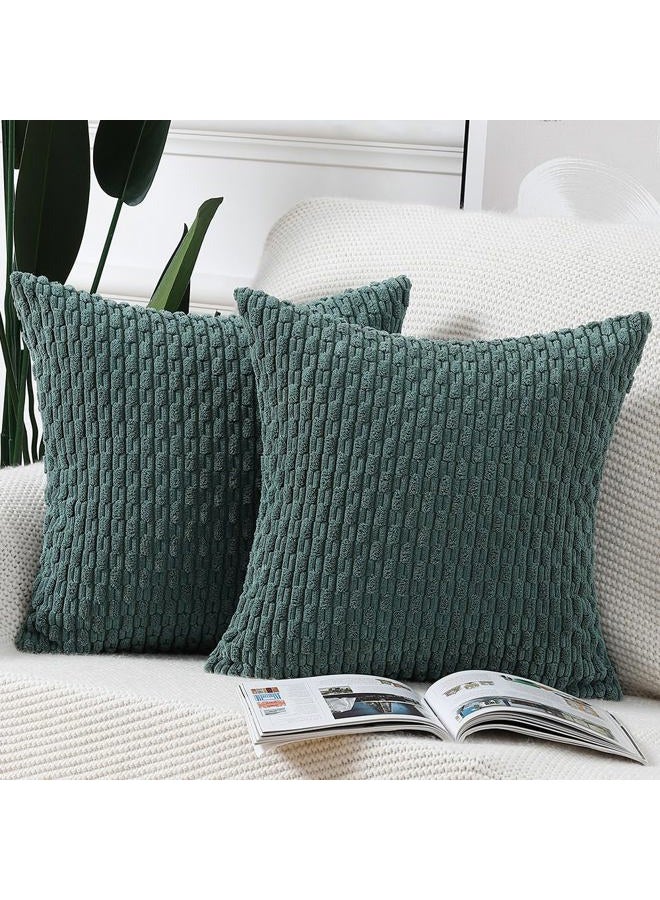 MADIZZ Pack of 2 Boho Striped Corduroy Throw Pillow Covers 18x18 Inch Dark Green Soft Decorative Cushion Cover for Bedroom Sofa Pillow Shell - Image 1