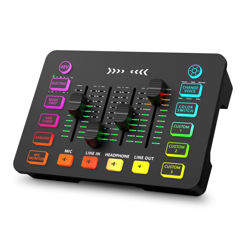 Mypin Gaming Audio Mixer with RGB StreamingPC Mixer with XLR Microphone Interface 6 Voice Changing Modes Individual Control Mute Button48V Phantom Power - Image 2