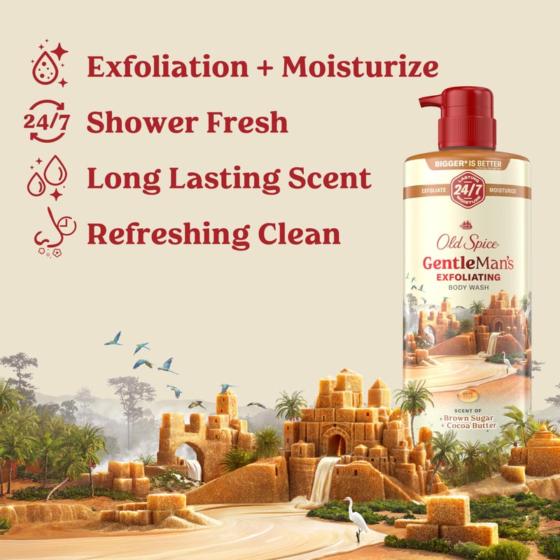 Old Spice غسول الجسم المقشر والمرطب للرجال من أولد سبايس، 24/7 انتعاش في الحمام مع رائحة تدوم طويلاً، مزيج فيتامين ب3 المتجدد، رائحة سكر بني + زبدة كاكاو، 26 أونصة - Image 2