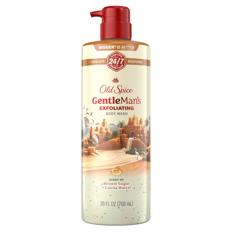 Old Spice غسول الجسم المقشر والمرطب للرجال من أولد سبايس، 24/7 انتعاش في الحمام مع رائحة تدوم طويلاً، مزيج فيتامين ب3 المتجدد، رائحة سكر بني + زبدة كاكاو، 26 أونصة - Image 1