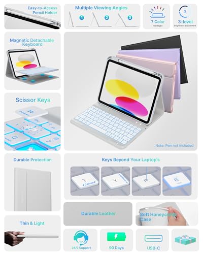 typecase Folio Keyboard Case for iPad 10th Gen 10.9 inch (2022) and iPad 11th (A16, 2025), Magnetic Wireless Detachable Keyboard, 7-Color Backlight, Thin & Light, Pencil Holder – Gray - Image 3