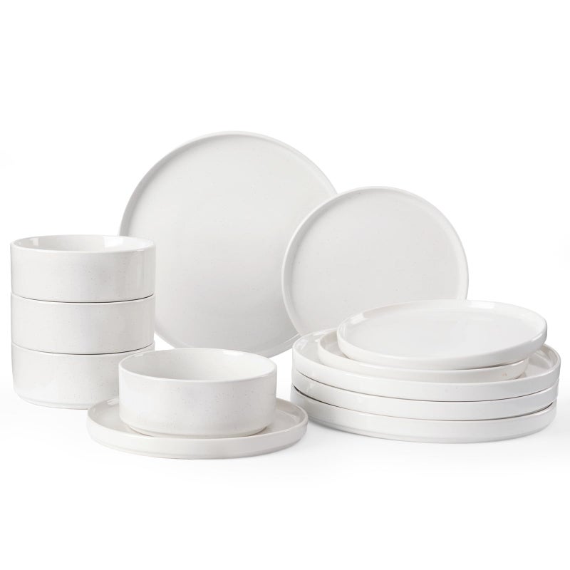 Famiware Nebula Plates and Bowls Set 12 Pieces Dinnerware Sets Dishes Set for 4 White