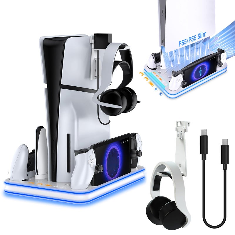 Sehawei PS5/PS5 Slim Stand and Cooling Station with RGB Lighting and 3 Level Cooling Fan,Charging Dock for PS5 Edge Controller and PS Portal,Remote Control and Headset holders,PS5/PS5 Slim Accessories - Image 1