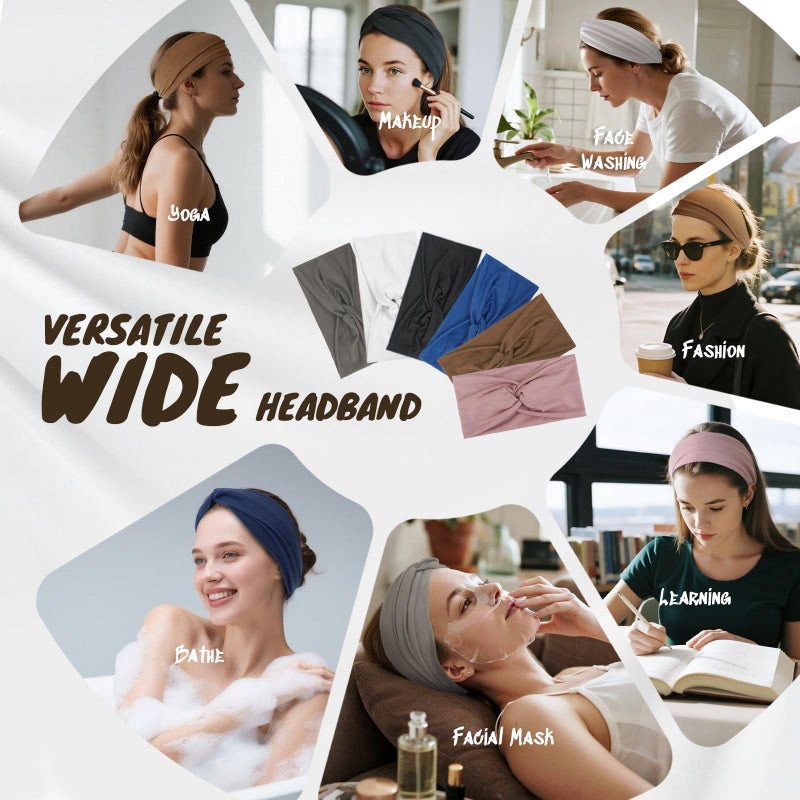 HSEM Headbands for Women, Non Silp Wide Hair Bands, Elastic Thick Head Bands, Stretchy Soft Sports Sweat Bands for Spa Workout Running Gym, Twist Knotted Cotton Cloth Turban Hair Accessories 6Pcs - Image 4
