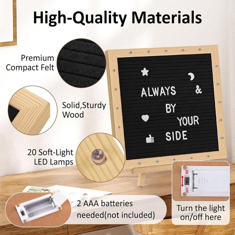 ANWEOR 10 x 10 in Felt Letter Board with LED Lights,Changeable Message Board with Wooden Frame and Wall Mount Hook,Letter Board with 477 Letters for Pregnancy Announcement/Baby/Celebration/Home Decor(Black) - Image 4