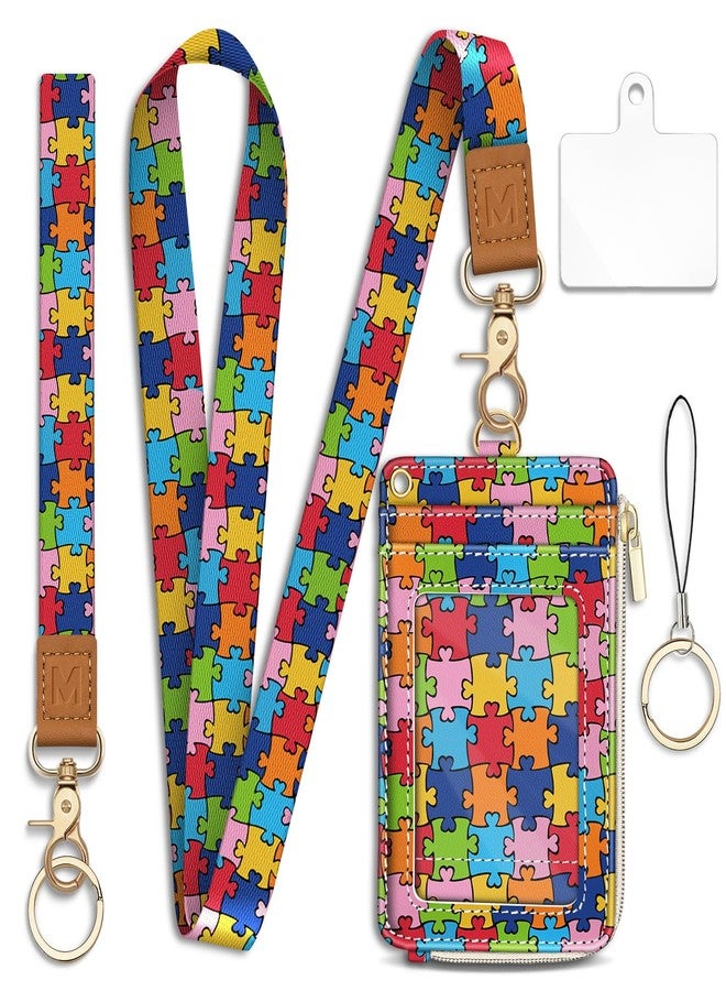 Mavellin Lanyard Wallet with Id Badge Holder, Autism Awareness RFID Small Keychain Wallet Women Wristlet, Cute Zipper Credit Card Holder Phone Wrist Neck Strap for Key Name Tag, Student Office Gifts - Image 1