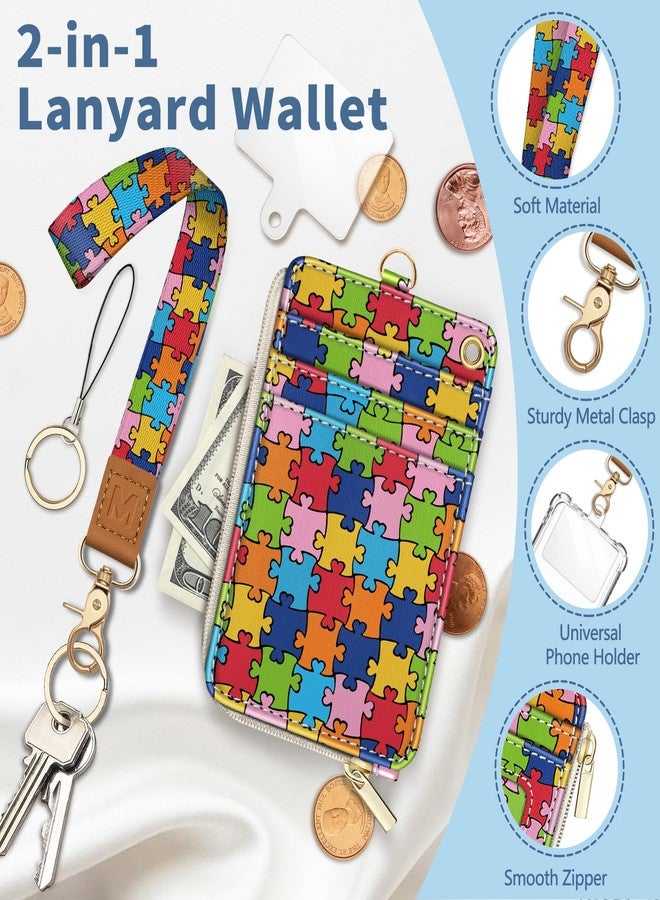 Mavellin Lanyard Wallet with Id Badge Holder, Autism Awareness RFID Small Keychain Wallet Women Wristlet, Cute Zipper Credit Card Holder Phone Wrist Neck Strap for Key Name Tag, Student Office Gifts - Image 3