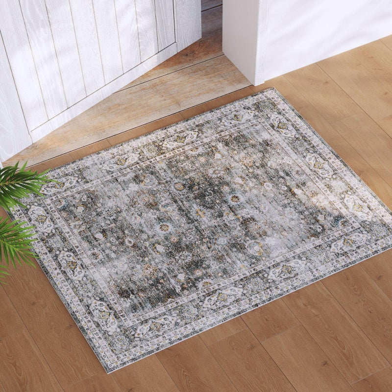 Rugcomf 2x3 Rug Washable Boho Rug Soft Small Area Rug Non-Slip Non-Shedding Faux Wool Vintage Rug for Door Mat, Kitchen, Floor, Entryway, Powder Room (Grey) - Image 1