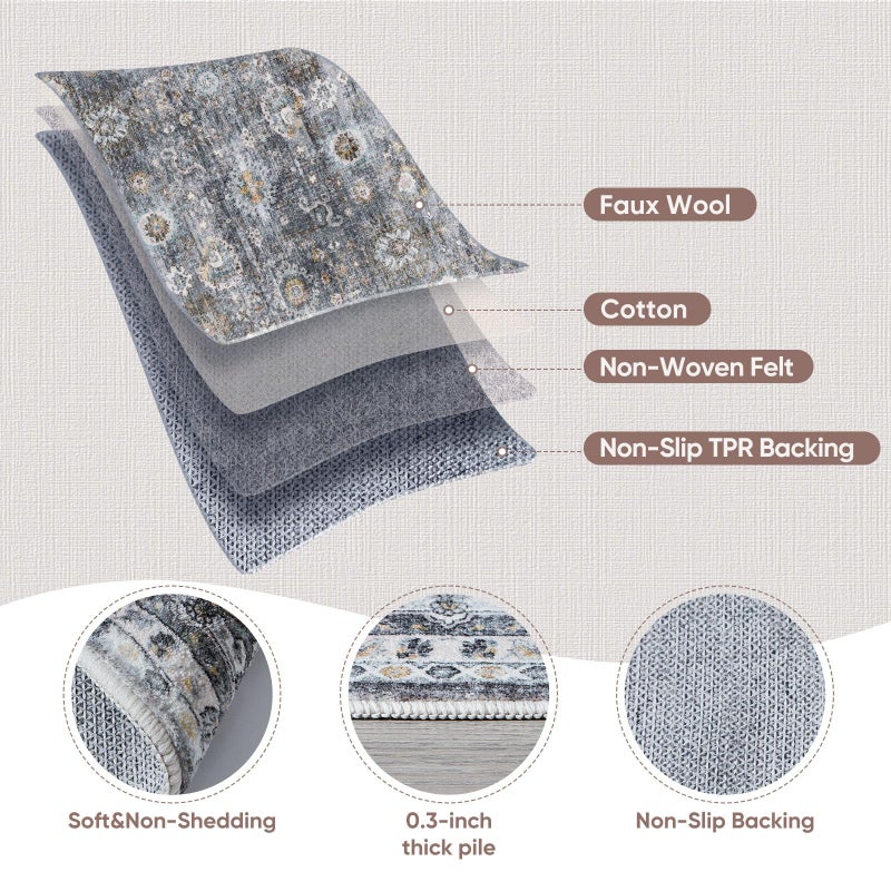 Rugcomf 2x3 Rug Washable Boho Rug Soft Small Area Rug Non-Slip Non-Shedding Faux Wool Vintage Rug for Door Mat, Kitchen, Floor, Entryway, Powder Room (Grey) - Image 2