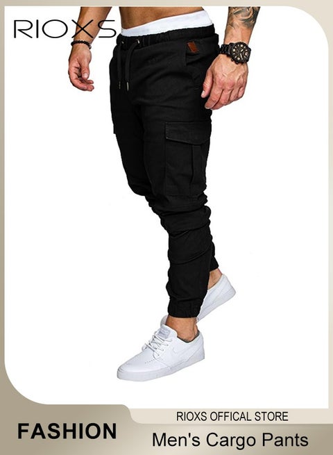 Men's Cargo Pants, Slim Fit Cargo Joggers With Pockets, Comfy Elastic Low Waist Sweatpants for Men, Lightweight Breathable Men's Drawsting Cuffed Athletic Trousers , Fashion Casual Sports Pants for Gym, Hiking, Running, Walking, Daily Wear and More, Black