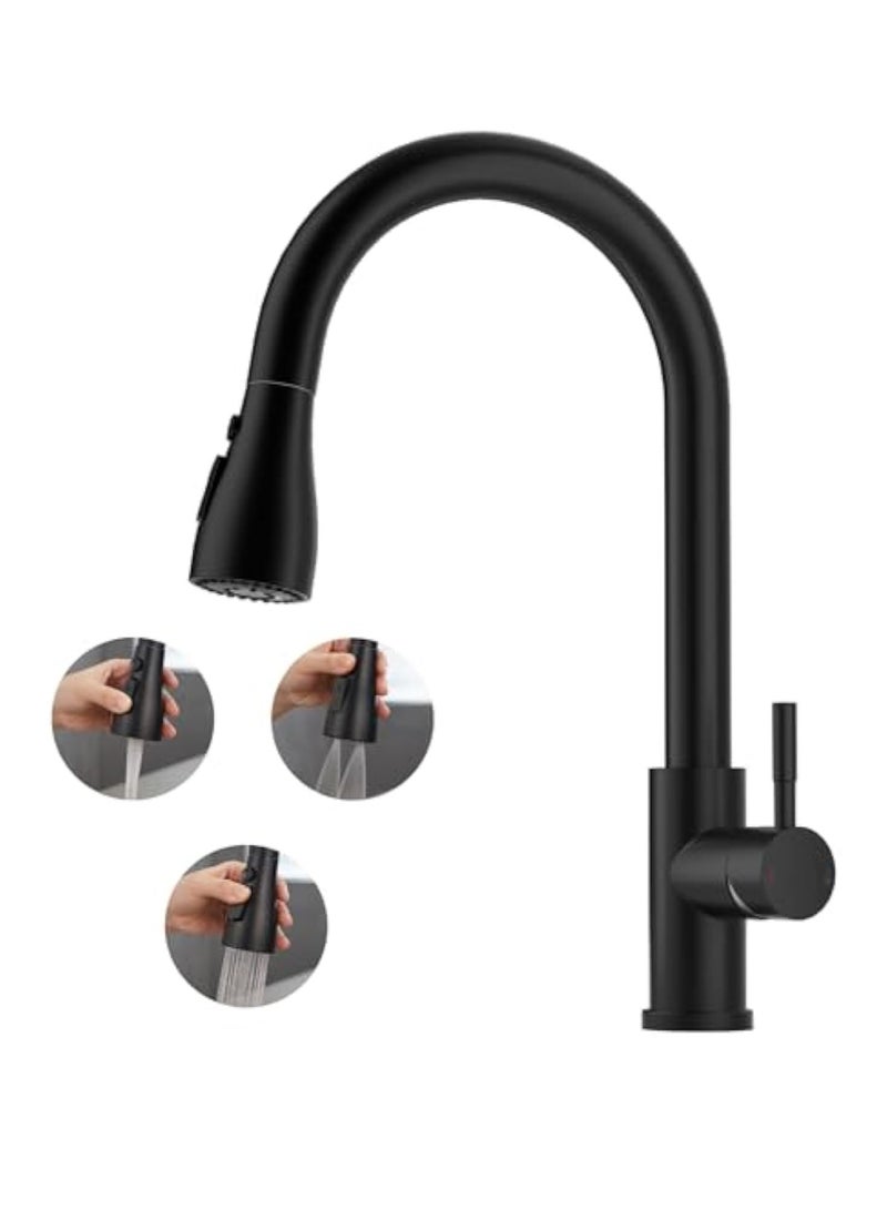 Arabest Black Kitchen Faucet, Kitchen Sink Mixer Tap with Pull Down Sprayer Matte Black, 1 Hole Stainless Steel Kitchen Mixer 3 Modes - Image 1