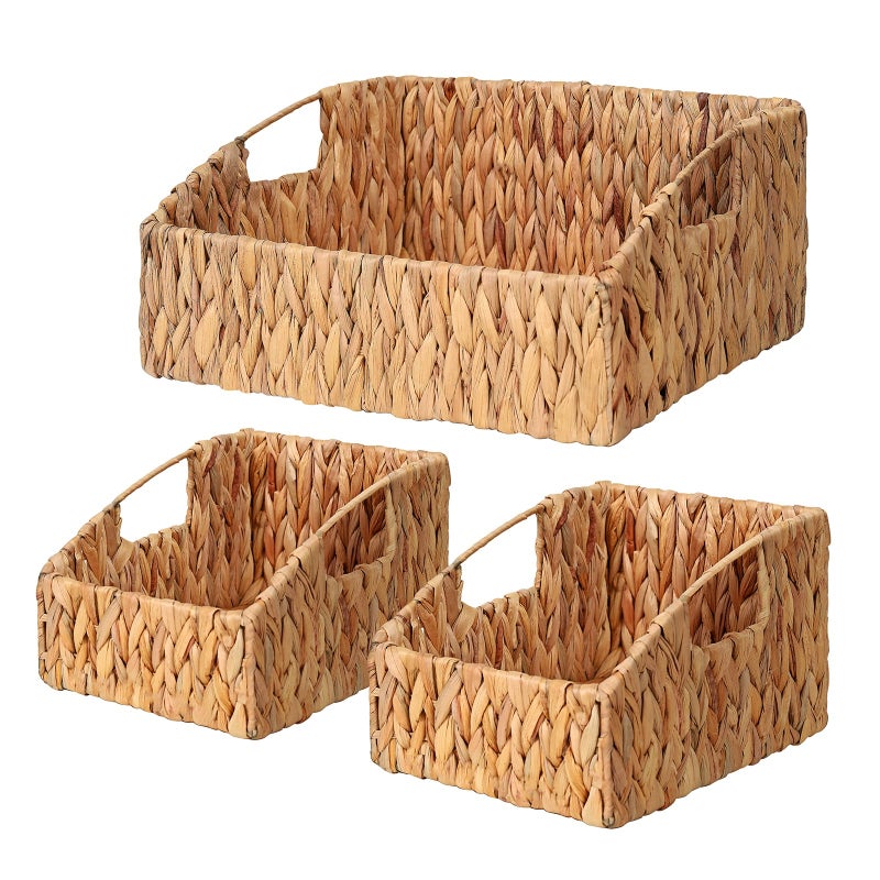 Ollieroo Natural Water Hyacinth Storage Baskets Handwoven Wicker Storage Bins with Builtin Handles Storage Container Baskets for Shelves Bedroom Bathroom Laundry Room or KitchenSet of 3
