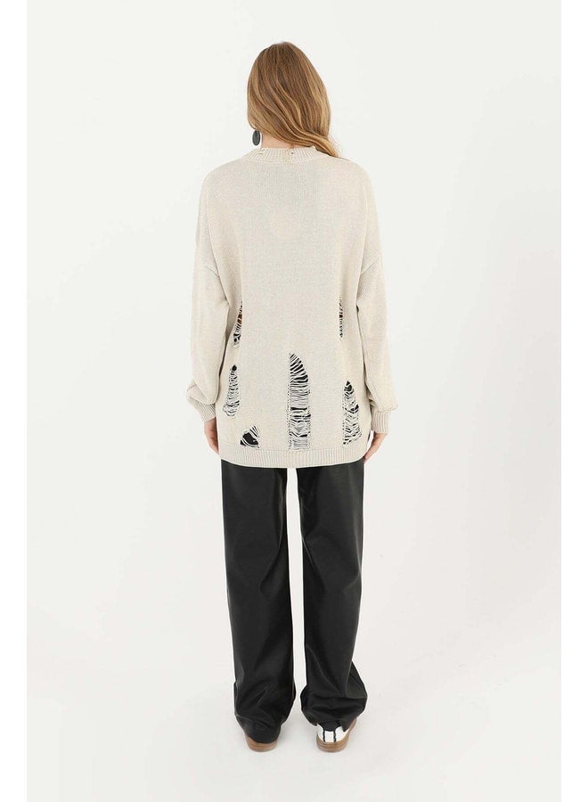 سول بلوزة صوفية نسائية ممزقة - 32034TUN - BEIGE. - Image 3