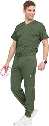 MediChic Men's Scrubs Set – Stretch V-Neck Workwear, 7-Pocket Jogger Pants, Flex Medical Uniforms, Olive Large - Image 1