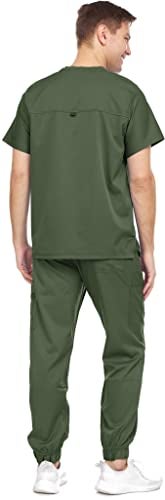 MediChic Men's Scrubs Set – Stretch V-Neck Workwear, 7-Pocket Jogger Pants, Flex Medical Uniforms, Olive Large - Image 3
