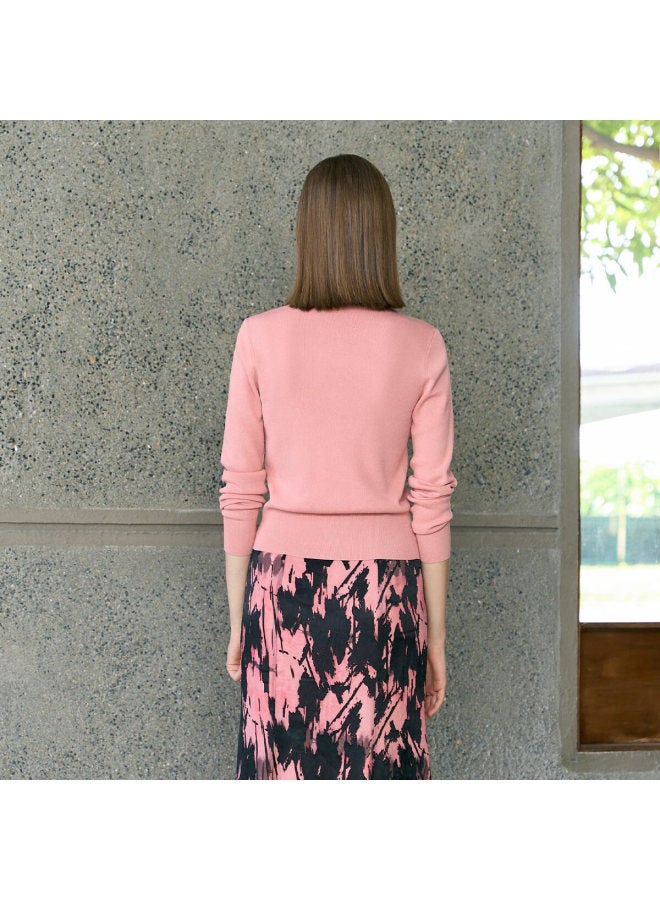 Yanyee Pink Versatile Knit Sweater For Women, Early Spring Simple Elegant Slimming V-neck Long-sleeve Top, Pink, 2XL - Image 3