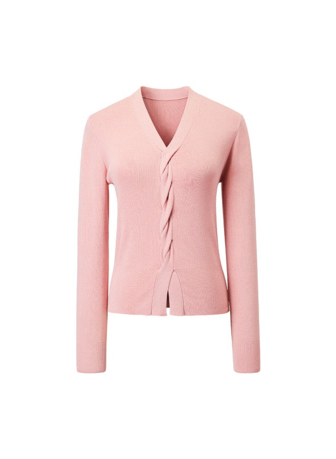 Yanyee Pink Versatile Knit Sweater For Women, Early Spring Simple Elegant Slimming V-neck Long-sleeve Top, Pink, 2XL - Image 4