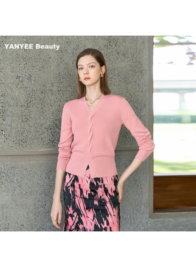 Yanyee Pink Versatile Knit Sweater For Women, Early Spring Simple Elegant Slimming V-neck Long-sleeve Top, Pink, 2XL - Image 1