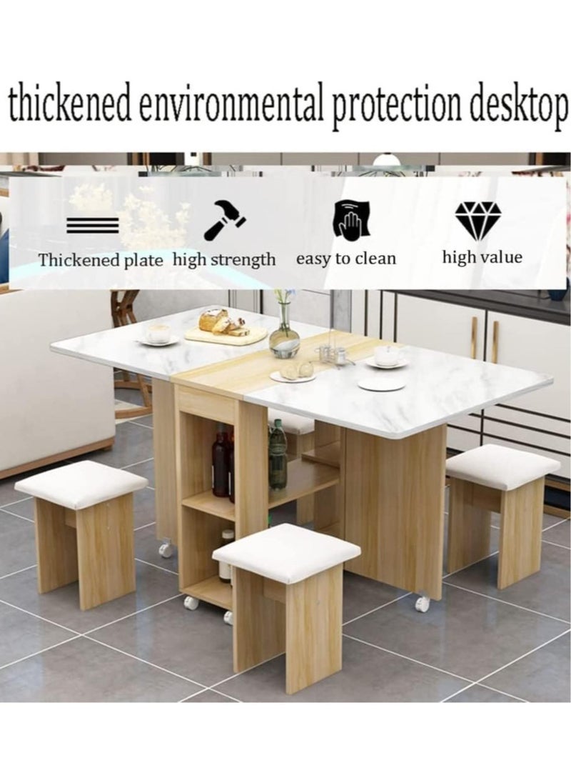 Generic - Extendable Folding Dining Table Set , Multifunctional Mobile Kitchen Table, Folding Kitchen Table with 2-Layer Shelf, 6 Wheels, With Four Benches - Image 1
