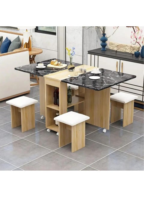 Extendable Folding Dining Table Set , Multifunctional Mobile Kitchen Table, Folding Kitchen Table with 2-Layer Shelf, 6 Wheels, With Four Benches