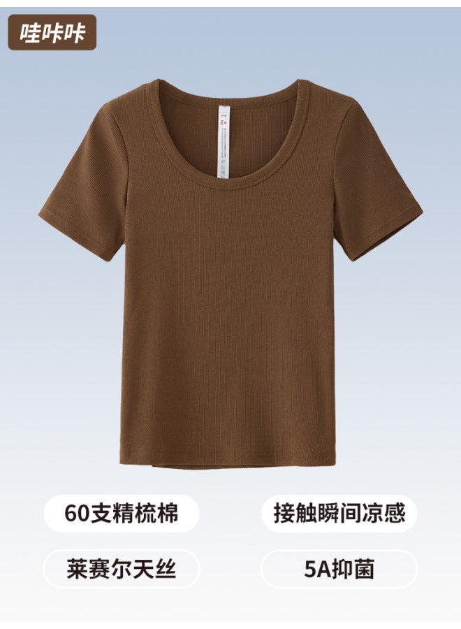 Tencel Short-sleeved Women's Summer Versatile U-neck Top Simple Slimming Look Threaded Cool Breathable Maillard T-shirt For Women