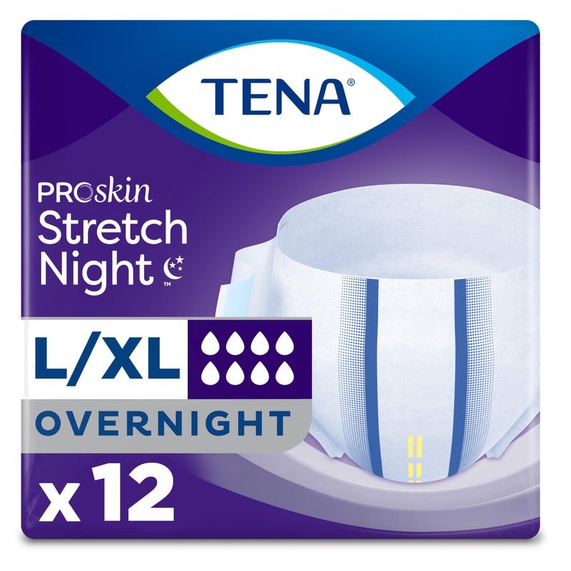 Tena ProSkin Overnight Incontinence Adult Diaper for Women & Men, Stretch, Large/Extra Large, 12 Count, Packaging May Vary - Image 1