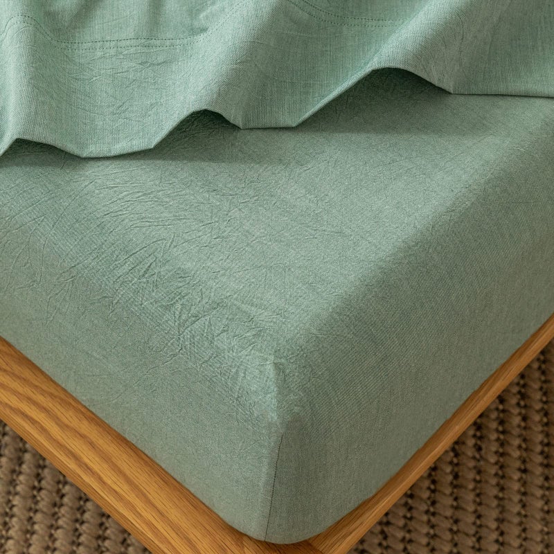 MooMee Fitted Bottom Sheet Only 100% Washed Cotton Linen Like Textured Breathable Durable Soft Comfy Deep Pocket Fits Mattress up to 17"" (Green  Queen) - Image 1
