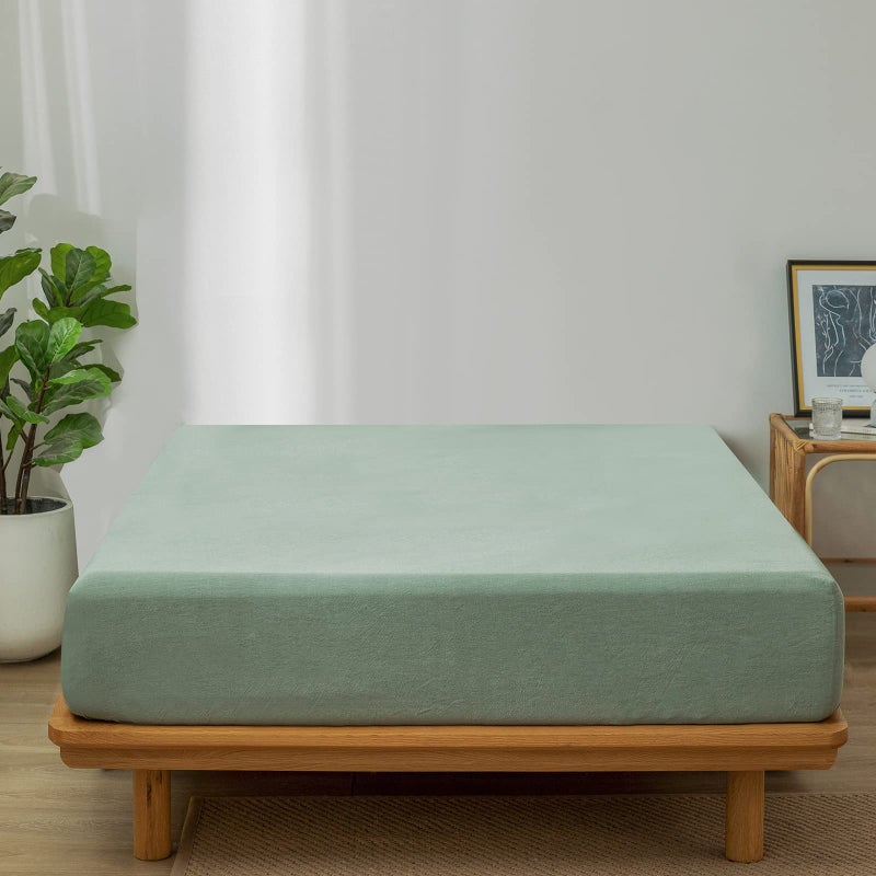 MooMee Fitted Bottom Sheet Only 100% Washed Cotton Linen Like Textured Breathable Durable Soft Comfy Deep Pocket Fits Mattress up to 17"" (Green  Queen) - Image 3