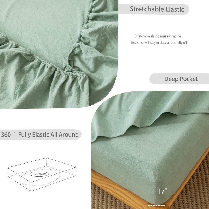 MooMee Fitted Bottom Sheet Only 100% Washed Cotton Linen Like Textured Breathable Durable Soft Comfy Deep Pocket Fits Mattress up to 17"" (Green  Queen) - Image 4