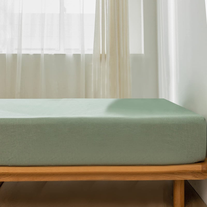 MooMee Fitted Bottom Sheet Only 100% Washed Cotton Linen Like Textured Breathable Durable Soft Comfy Deep Pocket Fits Mattress up to 17"" (Green  Queen) - Image 2