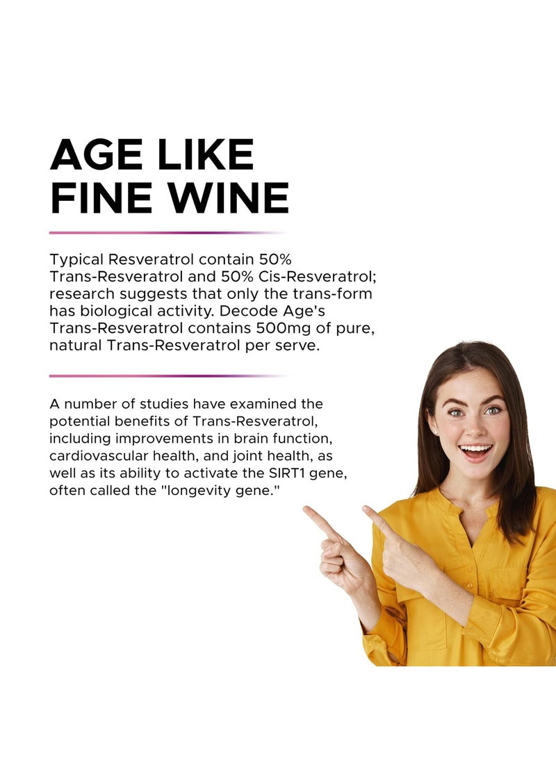 Decode Age - Decode Age Trans Resveratrol 250mg for Guards Cardiovascular health , Diminishes oxidative stress , Reduces age-related weight gain , improves insulin sensitivity 60 Veg Capsules. - Image 1