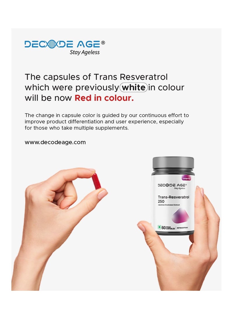 Decode Age - Decode Age Trans Resveratrol 250mg for Guards Cardiovascular health , Diminishes oxidative stress , Reduces age-related weight gain , improves insulin sensitivity 60 Veg Capsules. - Image 1