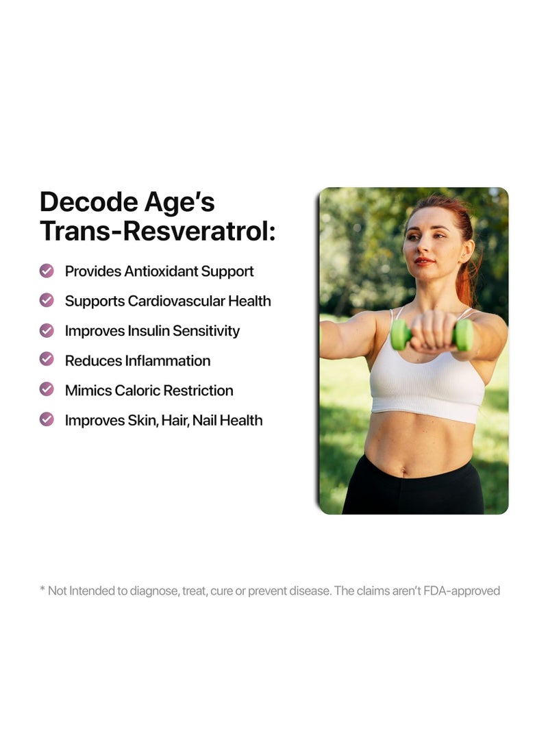 Decode Age - Decode Age Trans Resveratrol 250mg for Guards Cardiovascular health , Diminishes oxidative stress , Reduces age-related weight gain , improves insulin sensitivity 60 Veg Capsules. - Image 1