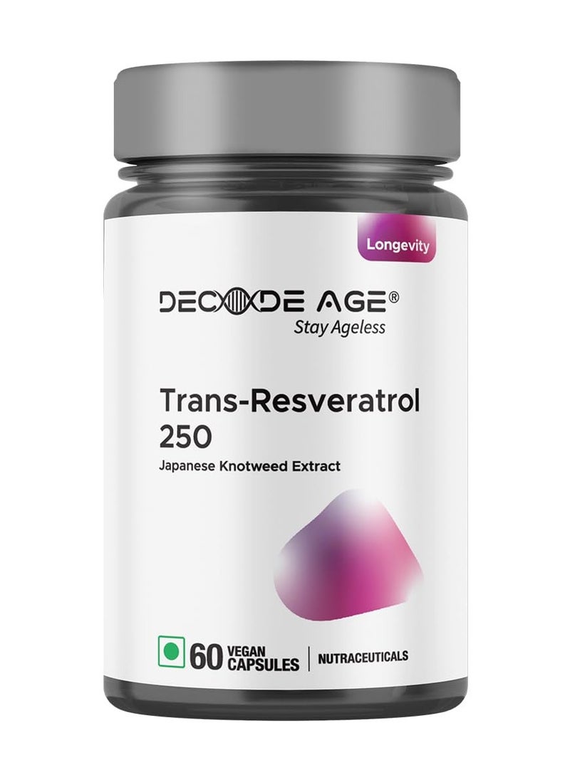 Decode Age Decode Age Trans Resveratrol 250mg for Guards Cardiovascular health , Diminishes oxidative stress , Reduces age-related weight gain , improves insulin sensitivity 60 Veg Capsules.  - Image 1