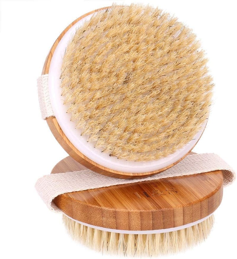 HS Round Body Brush for Exfoliating Skin 2 Pcs Natural Bristles Cellulite Shower Scrubber for Wet Dry Use - Image 1