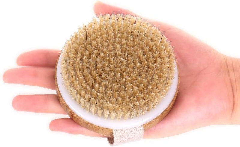 HS Round Body Brush for Exfoliating Skin 2 Pcs Natural Bristles Cellulite Shower Scrubber for Wet Dry Use - Image 2