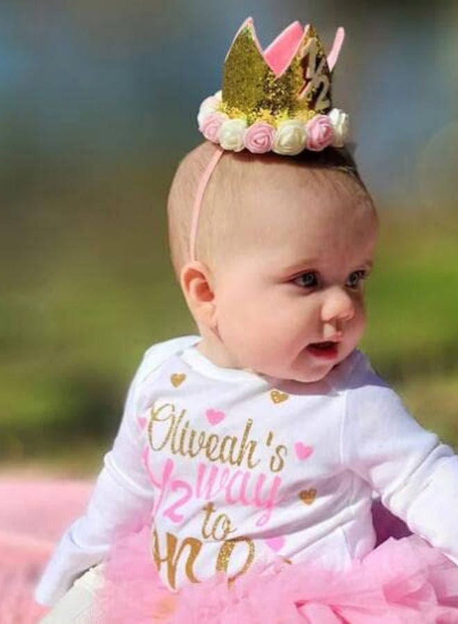 Honkenda Sparkle 1st Baby Crown Headband Hat, Glitter First Birthday Flowers Crown for Princess Girl Baby Show Toddler Photography (Pink and Gold) - Image 5