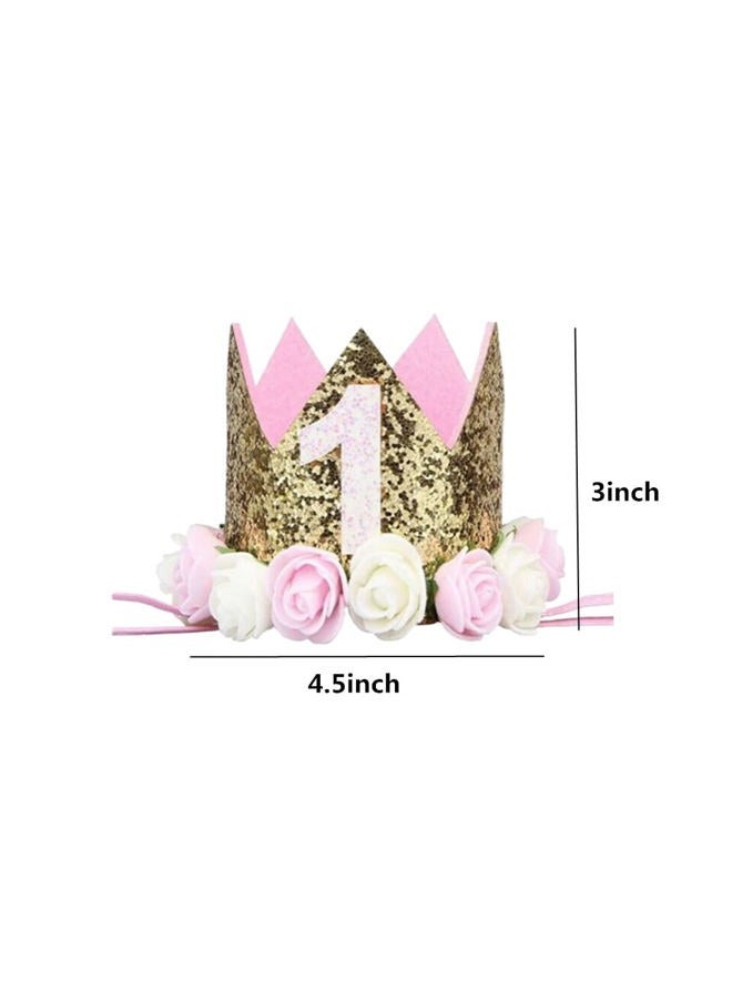 Honkenda Sparkle 1st Baby Crown Headband Hat, Glitter First Birthday Flowers Crown for Princess Girl Baby Show Toddler Photography (Pink and Gold) - Image 2