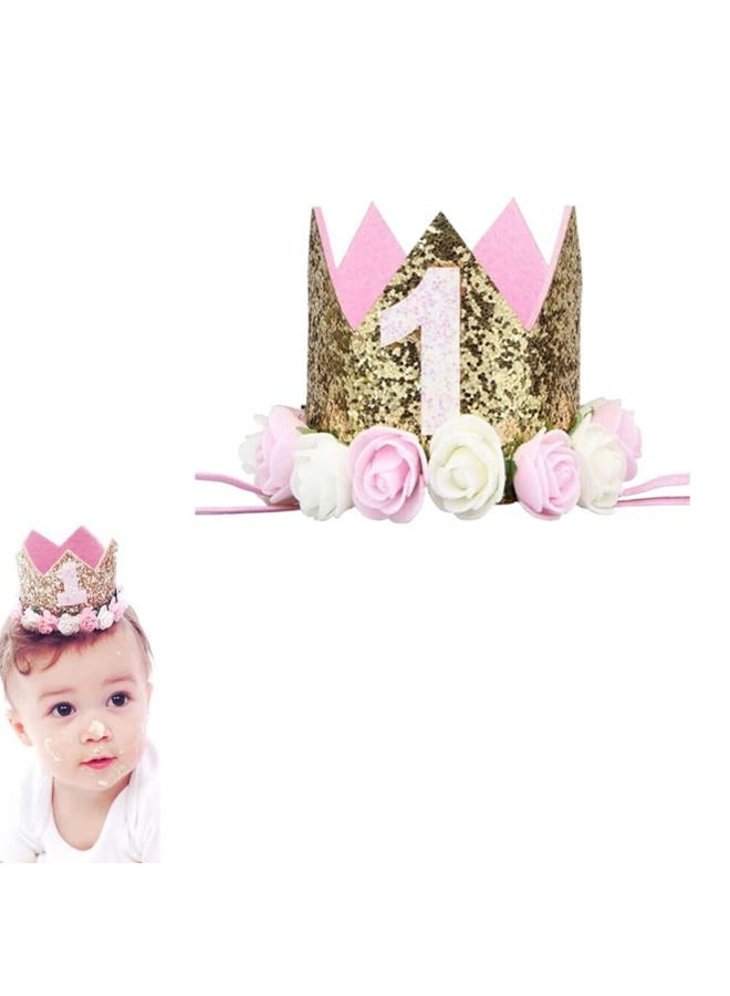 Honkenda Sparkle 1st Baby Crown Headband Hat, Glitter First Birthday Flowers Crown for Princess Girl Baby Show Toddler Photography (Pink and Gold) - Image 3
