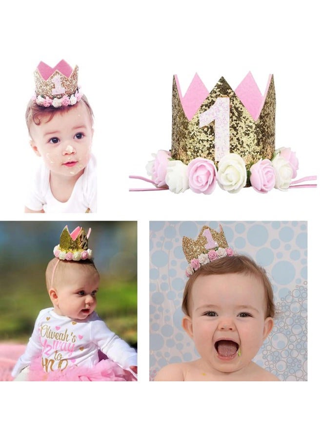 Honkenda Sparkle 1st Baby Crown Headband Hat, Glitter First Birthday Flowers Crown for Princess Girl Baby Show Toddler Photography (Pink and Gold) - Image 4