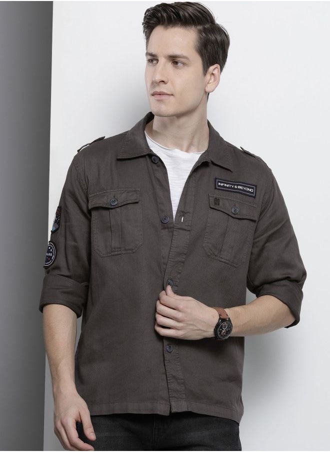 The Indian Garage Co Men Slim Fit Solid Full Sleeves Cutaway Collar Double Flap Pocket Casual Over Shirt  - Image 1