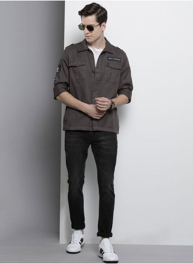 The Indian Garage Co Men Slim Fit Solid Full Sleeves Cutaway Collar Double Flap Pocket Casual Over Shirt  - Image 5