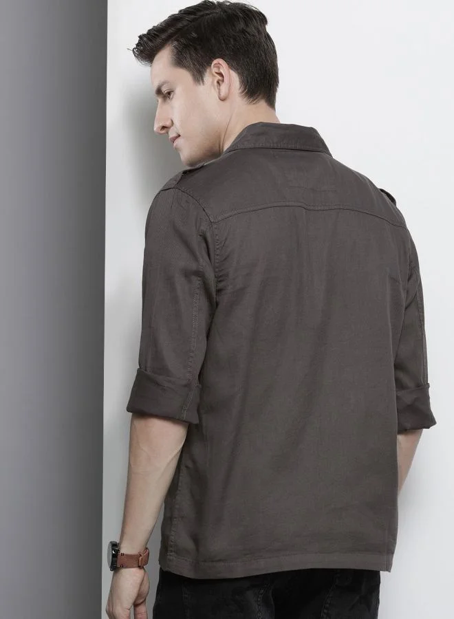 The Indian Garage Co Men Slim Fit Solid Full Sleeves Cutaway Collar Double Flap Pocket Casual Over Shirt