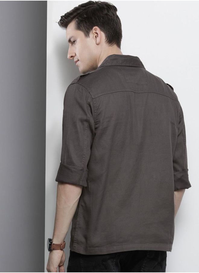 The Indian Garage Co Men Slim Fit Solid Full Sleeves Cutaway Collar Double Flap Pocket Casual Over Shirt  - Image 2