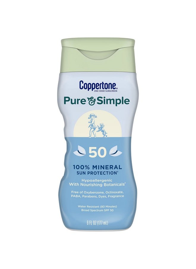Coppertone Pure And Simple Zinc Oxide Mineral Sunscreen Lotion Spf 50 Body Sunscreen Water Resistant Broad Spectrum Spf 50 Sunscreen For Sensitive Skin 6 Fl Oz Bottle  - Image 1