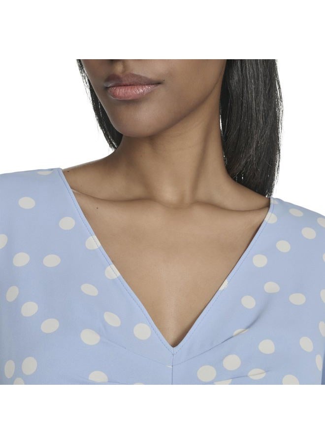 Halston Women's Short Sleeve Center Ruched Printed Dress, Breeze/Cream, 10 - Image 2