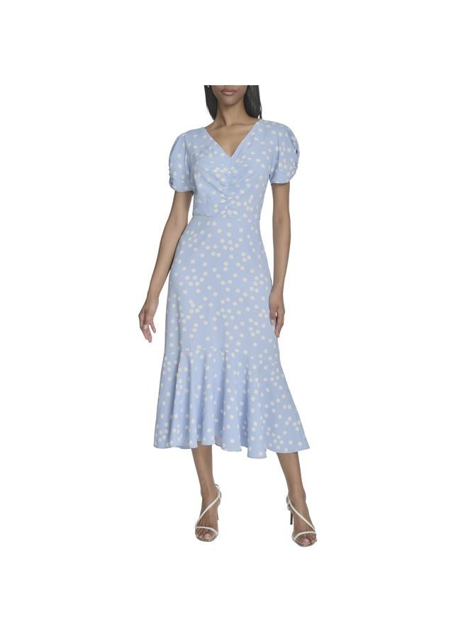 Halston Women's Short Sleeve Center Ruched Printed Dress, Breeze/Cream, 10 - Image 1