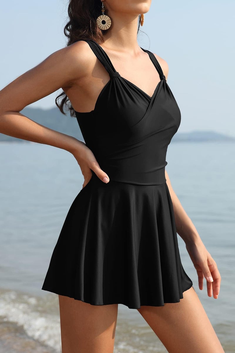 SHEKINI Womens Elegant One Piece Swimdress Tummy Control Crossover Skirted Swimsuit (Black, X-Large) - Image 5